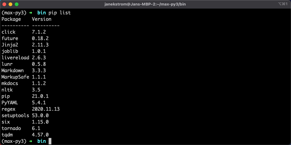 pip list after MkDocs package is installed